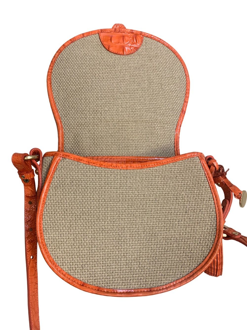 BRAHMIN Orange Leather Tan Raffia Crossbody Saddle Bag Coastal Nautical Preppy - Picture 7 of 10